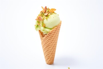 pistachio almond ice cream cone close-up on white