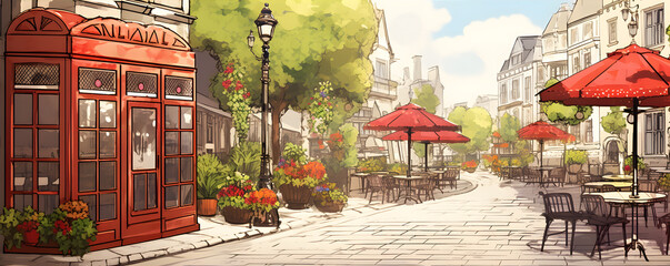 Fototapeta premium a beautiful cafe street with flowers and plants
