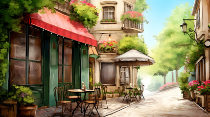 a beautiful cafe street with flowers and plants