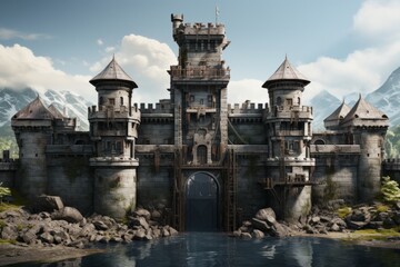 Citadel Defense Structure with Moat, on an isolated Stone Gray background, Generative AI