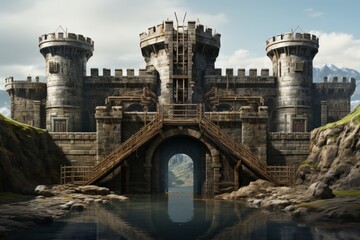 Citadel Defense Structure with Moat, on an isolated Stone Gray background, Generative AI