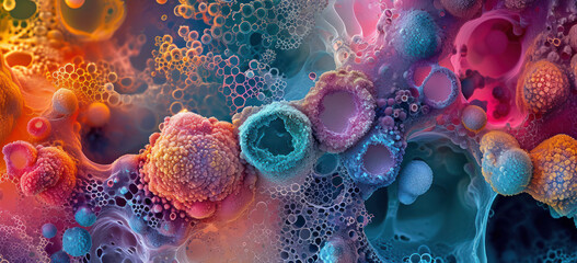 Colorful microscopic view of cells in petri dish. Scientific research.