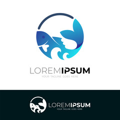Fish logo with circle design template, marine life design, blue