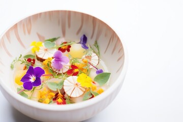 close shot of scallop ceviche with microgreens and edible flowers