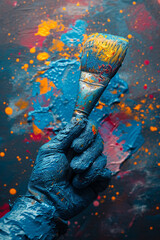 An artist's hand covered in paint splatters, holding a brush against a canvas.