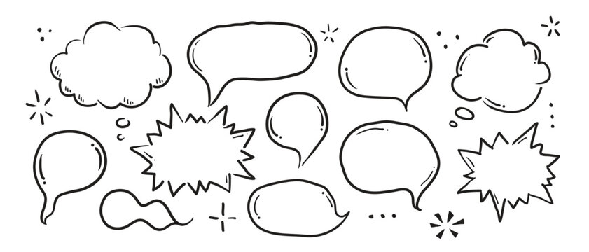 Set of hand drawn speech bubble sketch comic doodle style speech bubble for text quote. Doodle outline dialog balloon. Vector illustration.