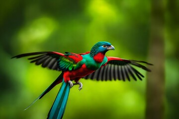 Obraz premium Flying Resplendent Quetzal, Pharomachrus mocinno, Savegre in Costa Rica, with green forest in background. Magnificent sacred green and red bird