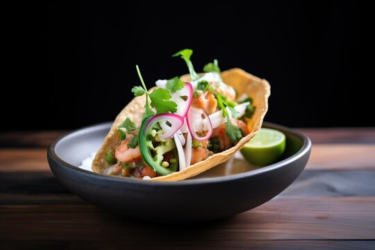seafood chalupa with shrimp and lime wedge