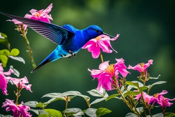 Glossy blue bird in flight. Hummingbird Violet Sabrewing flying next to beautiful pink flower, Costa Rica. Wildlife scene from nature