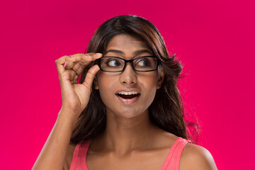 Portrait of stylish Indian Woman wearing glasses.