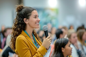 A Female manager asking a question from audience while participating in business seminar at convention center
