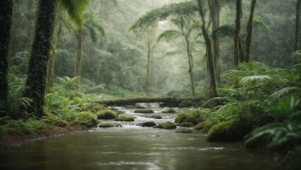 Fototapeta na wymiar Calming Rainforest Oasis: Soothing Nature in Serene Hues