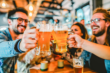 Friends participating in traditional games and toasts, where beer is the star of the event, April, drinks concept, generative ai
