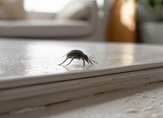 House Dust Mite with fly's on wood floor from AI Generative