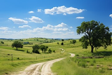 Tranquil countryside with scattered clouds on a sunny day, Generative AI