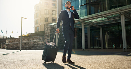 Business man, suitcase and phone call in city for professional communication, transport and travel news or information. Happy corporate worker with mobile chat, luggage and walking outdoor to airport - obrazy, fototapety, plakaty