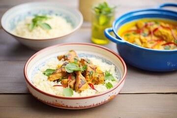 chicken tikka with saffron rice in ceramic bowls