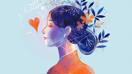 Illustration capturing the essence of femininity, psychology, and introspection, featuring gentle abstract lines that flow to create a sense of calm, intertwined with subtle floral elements.