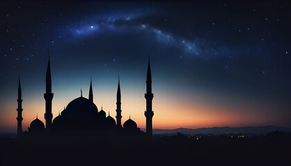 Wallpaper featuring a serene night scene with a mosque  and ample space for text or messages.
