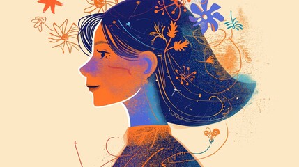 Illustration capturing the essence of femininity, psychology, and introspection, featuring gentle abstract lines that flow to create a sense of calm, intertwined with subtle floral elements.