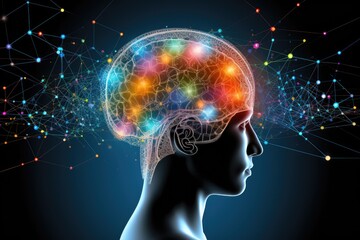 Obraz premium Cognitive Brain buoyancy. Navigate analytical thinking psychological flexibility, human mind. Vibrant axon facets of cerebral mosaic. Social Interaction brain lens of Positron Emission Tomography, PET