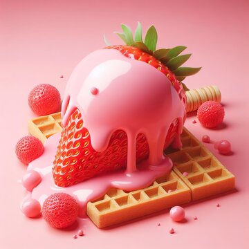 Strawberry ice cream melting on pink wafer background. 3d rendering picture