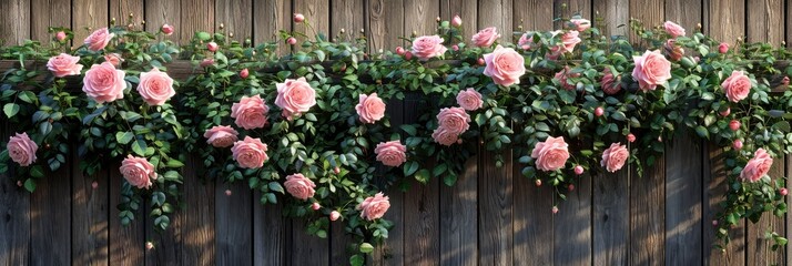 Fototapeta na wymiar Beautiful Pink Roses Blooming On Fence, Banner Image For Website, Background, Desktop Wallpaper