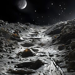 Traces de chaussures sur la lune, paysage lunaire dans l'espace - obrazy, fototapety, plakaty