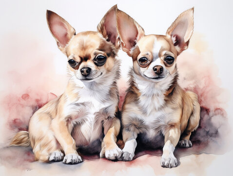 two chihuahua dogs sitting on a white background. watercolor painting style