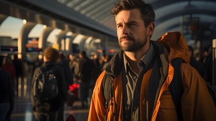 Obraz premium Homme seul en voyage à l'aéroport, portrait d'une personne partant en vacances. 