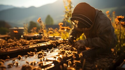 Apiculteur seul entrain de travailler avec ses abeilles dans un champs au milieu des montagnes - obrazy, fototapety, plakaty