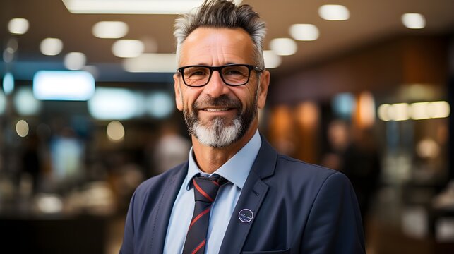 Portrait d'un avocat masculin en tenue de travail dans des bureaux, regarde la cam&eacute;ra, en costume costard avec cravate. Homme senior avec des lunettes.