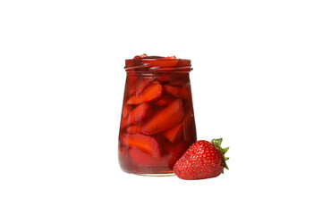 PNG,Fresh strawberries with strawberry jam in a jar, isolated on white background