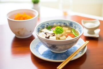 vegan miso soup, no fish stock sign, tofu and veggies featured