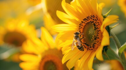 Close-up shot of a bee among the sunflower