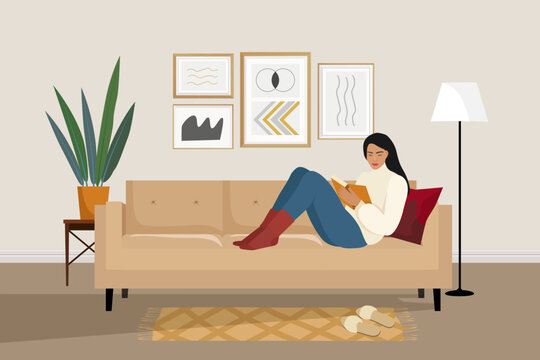 A woman is reading a book on the sofa. Free time with a book. Vector illustration.