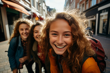 Happy teenage girls on the city street