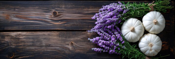 Bouquet Lavender Pattypan On Wooden Background, Banner Image For Website, Background, Desktop Wallpaper