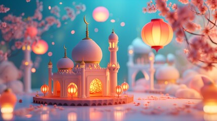 Serene mosque with glowing lanterns and cherry blossoms on a tranquil evening. Softly lit minarets and orbs create a peaceful, dreamlike scene. - obrazy, fototapety, plakaty