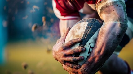 A close-up of a rugby player holding the ball firmly during a match, with focus on determination and strength 