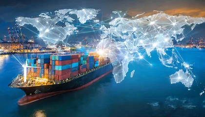 Papier Peint photo Lavable Carte du monde Container ship and the hologram of world map of international supply chains. Generative AI.