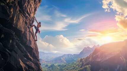 Fototapeta premium A rock climber scaling a challenging cliff, showcasing strength and determination, with a stunning mountain vista behind