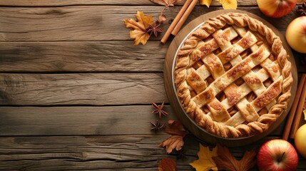 Apple pie within a festive autumn holiday setting, cinnamon sticks, maple leaves