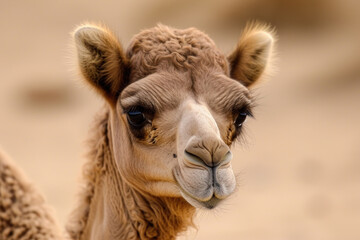 An innocent portrait of the soulful eyes and gentle demeanor of a camel calf