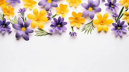 Flowers composition. Yellow and purple flowers on white background