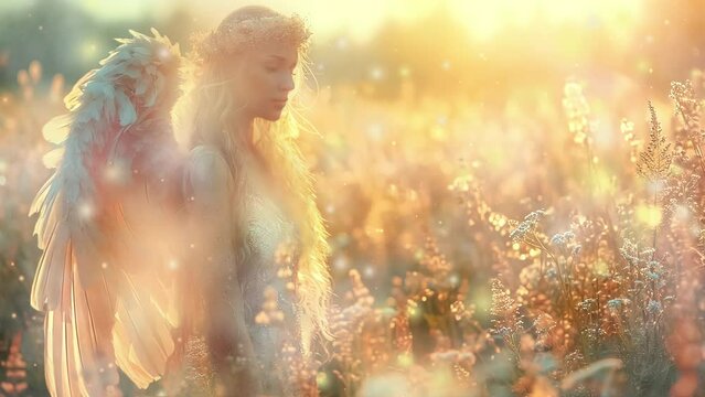 An angel with closed eyes in a flower meadow in the sunlight