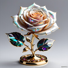 AI prompt: 4K+ graphic of an intricate rose with mother-of-pearl, gemstones, and gold for a captivating atmosphere.(Generative AI) 