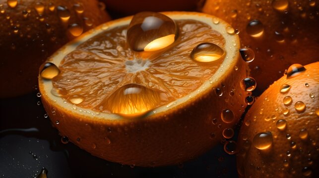 Fresh orange fruit with water splashes and drops on black background