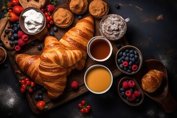 Variety of breakfasts with English breakfast and croissants