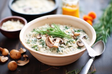 a bowl of creamy risotto with mushrooms and herbs
